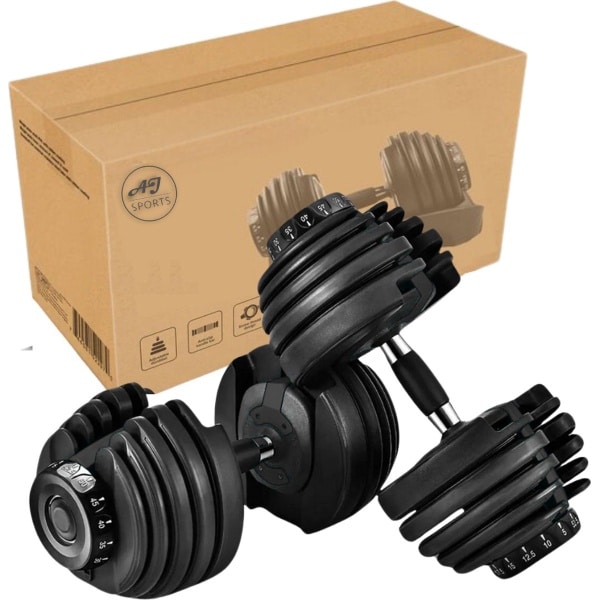 AJ-Sports Verstelbare Dumbell Zwart 24 KG - 2kg t/m 24kg - Gewichten - Dumbells set - Gewichten set - Halterset - Fitness gewichten - Krachttraining - Fitness - Gym - Sport - 15 Dumbells in één! - Set van 2 Stuks!