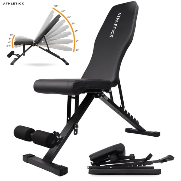 Athleticx Verstelbare Fitnessbank - Halterbank - Zwart/Wit - Inklapbaar en Verstelbaar - Buikspierbank - Trainingsbank - Bench Press - Training Bank - Fitnessbank Verstelbaar - Incline & Decline - Flat Bench - Krachttraining