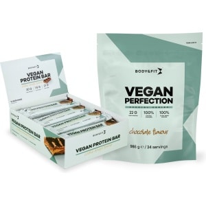 Body & Fit Vegan Protein Bundel - Vegan Perfection Plantaardige Eiwitshake: Chocolade 986 gram + Vegan Proteïne Bar: Cookie Dough - 12 Eiwitrepen