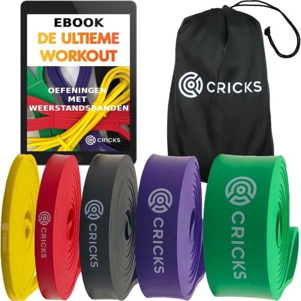 CRICKS Weerstandsbanden - Resistance Band - Fitness Elastieken - Pull Up band - Set van 5 - Incl. Ebook met heel veel Oefeningen - Incl. handige draagtas - Krachttraining - Full Body Workout