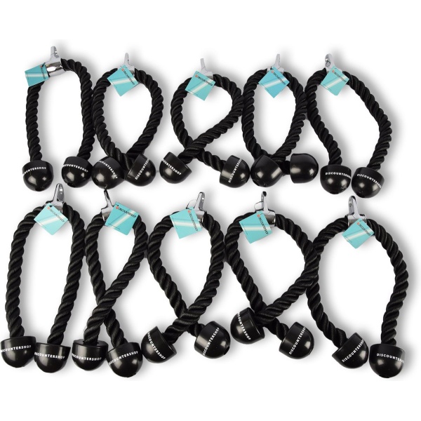 Complete Set van 10 Triceps Touwen voor Krachttraining - Zwart Nylon - Met Karabijnhaak en Dubbele Grip - Fitnessapparaten Accessoires - Maximum Belasting 200kg