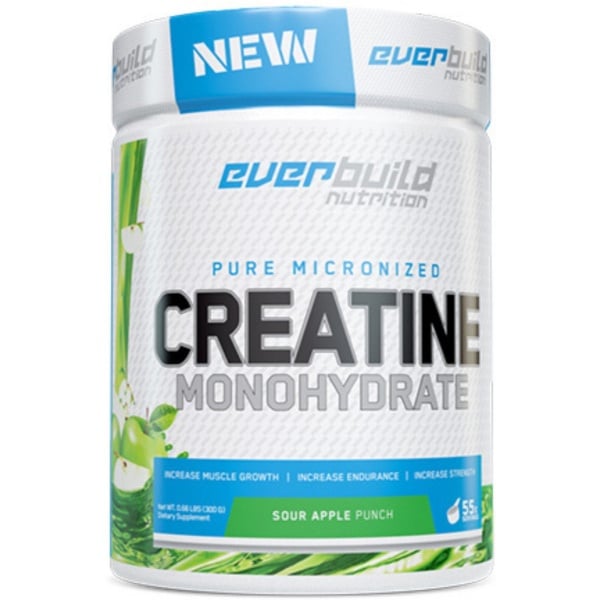 EVERBUILD Creatine Monohydrate - 100% Pure Creatine - Kracht & Spieropbouw - Sneller Herstel - Pre-Workout - 300 g - Sour Apple Punch