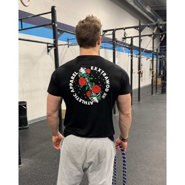 Exxtrawod Barbell Rose Unisex T-shirt Training Crossfit athletic kleding Maat XS