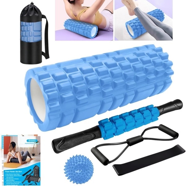 Fasciaroller, 6-in-1 schuimroller Fasciarollersets met massagerollerstang, weerstandsbanden krachttraining, massagebal, fitnessbanden, 33 cm schuimroller voor yoga, pilatessport