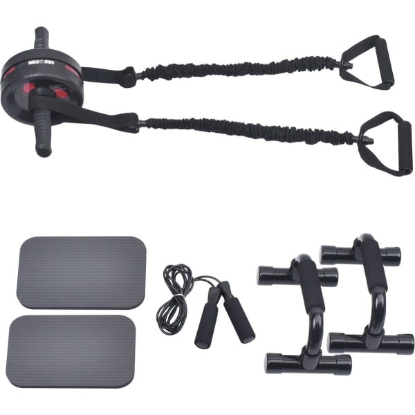 Gorilla Sports Ab Wheel Set - Buikspierroller met Push-Up Handgrepen, Weerstandsbanden & Springtouw - Inclusief Kniebeschermingsmat - Core & Krachttraining