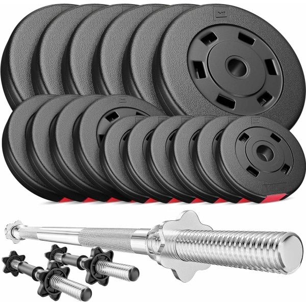 Hop-Sport 58 kg Verstelbare Halterset met Lange Halterstang en 2 Korte Halters, Halterschijven van Gietijzer 30 mm: 6 x 5 kg, 4 x 2,5 kg, 6 x 1,25 kg, voor Thuisgym en Krachttraining