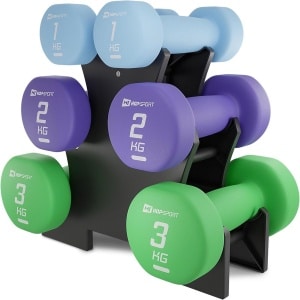 Hop-Sport Halterset 12 kg - Set van 6 Halters met Neopreen Antislip Coating (2x1 kg, 2x2 kg, 2x3 kg) - Inclusief Halterstandaard - Fitnesshalters voor Thuis en Krachttraining - Model HS-V121DRS
