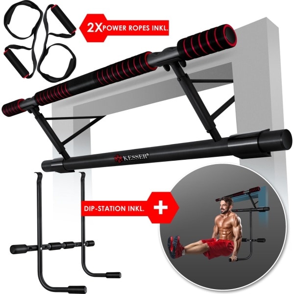 KESSER® Pull up bar Station voor Thuis Sporten - Optrekstang deur inclusief DIP-Station & Power Ropes - Fitness Krachttraining - Rood
