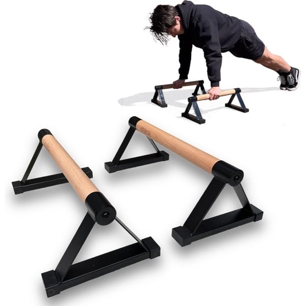 KRAKEN Parallettes | Premium Houten Grip Push Up Bar (Opdruksteunen) Dip Bars | voor Krachttraining, Turnen, Gynmnastiek, Calisthenics | Hoge kwaliteit liggers Metalen Basis | High Grip | Blessure preventie | Train Overal | Opdrukset met hoogte 17 CM