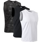 MEETYOO 3-Pack Heren Atletiekshirts Mouwloos Trainings Tanktop Sport Basislaag Sport Tanktop Heren - Sportkleding Man - Fitnesskleding - Jongens Kleding voor Fitness, CrossFit & Gym Hardlopen Basketbal -Zwart/Wit/Camouflage-XL