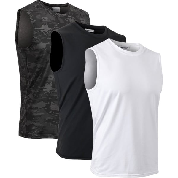 MEETYOO 3-Pack Heren Atletiekshirts Mouwloos Trainings Tanktop Sport Basislaag Sport Tanktop Heren - Sportkleding Man - Fitnesskleding - Jongens Kleding voor Fitness, CrossFit & Gym Hardlopen Basketbal Zwart/Wit/Camouflage-S