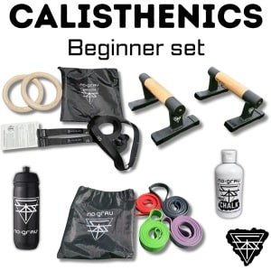 NO-GRAV Calisthenics Beginner set 1 - Hoogwaardige kwaliteit - Parallettes small - Turnringen - Set Elastieken - Vloeibaar Talkpoeder - Waterfles. Set voor Turnen, Gymnastiek, Calisthenics, Yoga, Crossfit.