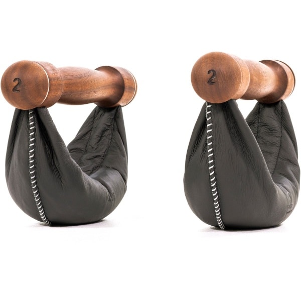 NOHRD Swing Dumbbells Walnoot 1kg Zwart - Set van 2 Halters - Echt Leren Gewichtszak - Ergonomische Walnoothouten Handgrepen - Voor Krachttraining & Functionele Training