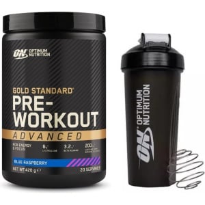 Optimum Nutrition Gold Standard Pre Workout Bundel - Blue Raspberry Pre-Workout Advanced + ON Shakebeker - 420 gram (20 doseringen)