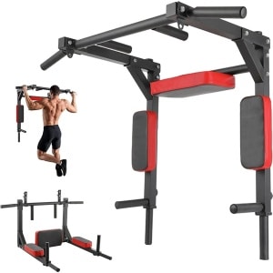 Optrekstang - Fitness - Pull-up Bar - Fitness Station - 2-in-1 Pull Up Station en Dip Station - Optrekstang Fitness Wandmontage - Chin Up Bar - Pull Up Bar Muurmontage - Krachttraining - Power Rack - 300kg Draagkracht - Zwart/Rood