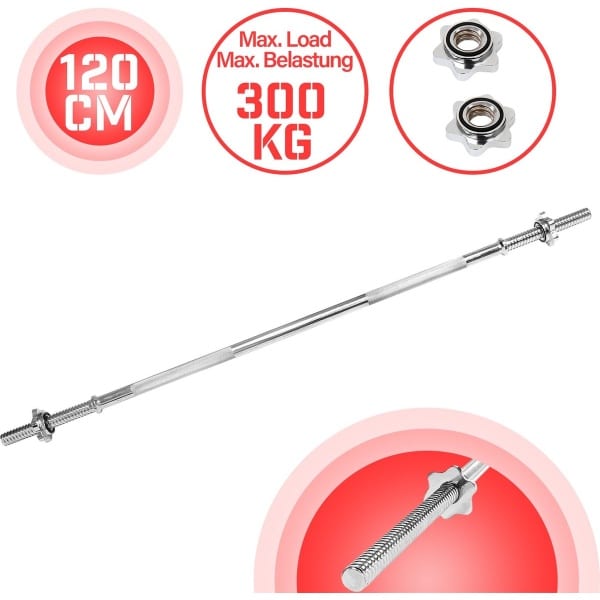 Physionics - Halterstang 120 cm - Verchroomd - Fitness stang - Krachttraining - Tot 300 kg belastbaar - 6,5 kg - 30 mm ⌀
