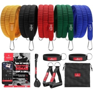 Pull up station Resistance Bands Weerstandsbanden Fitness - Trainings eBook - Expander Tubes - Elastische Work-Out Power Weerstand Banden - 5 Elastiek Handvaten Deuranker Enkelbanden - Krachttraining Gym Pull up station