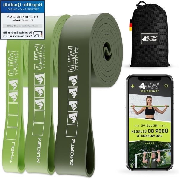 Pull-upbanden Set van 3 (light-medium-strong) fitnessbandenset weerstandsbanden voor pull-ups - crossfit stretching - inclusief tas en training webapp
