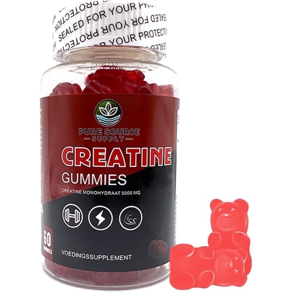 Pure Source - Creatine Monohydraat Gummies 5000mg per Portie - Voor Krachttraining & Fitness - Spiergroei & Energie Boost - Kersensmaak - Vegan - 60 Gummies (30 Dagen)