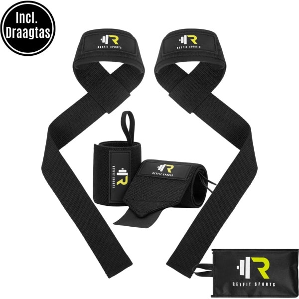 ReyFit Sports 2x Lifting Straps & 2x Wrist Wraps Bundel | Fitness Accessoires | Krachttraining | Crossfit | Zwart