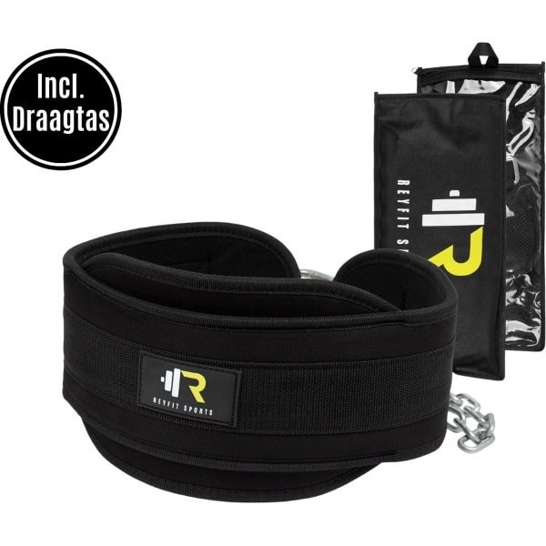 ReyFit Sports Dip Belt - Fitness accessoires - Dip Riem/Gordel - Weight Belt - Crossfit & Calisthenics - Zwart - Inclusief Draagtas