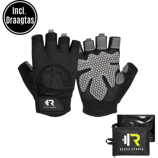 ReyFit Sports Fitness Handschoenen - Fitness Gloves - CrossFit & Powerlifting - Fitness Accessoires - Krachttraining Artikelen - Inclusief Draagtas - Grijs - L