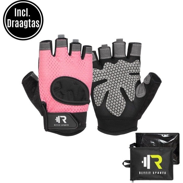 ReyFit Sports Fitness Handschoenen - Fitness Gloves - CrossFit & Powerlifting - Fitness Accessoires - Krachttraining Artikelen - Inclusief Draagtas - Roze - M