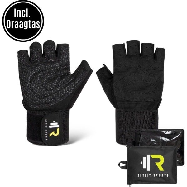 ReyFit Sports Fitness Handschoenen Heren & Dames - Fitness Gloves - CrossFit & Powerlifting - Fitness Accessoires - Krachttraining Artikelen - Inclusief Draagtas - Zwart- M