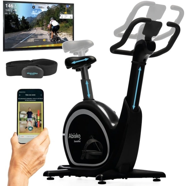 Skandika Abisko Ergometer - Hometrainer - Wereldprimeur - Premium EMS weerstand, slimme hometrainer app controle, automatische stuur- en zadelverstelling, 36 weerstandsniveaus, bluetooth, computer display - 106 x 57.5 x 123 cm (LxBxH) - zwart