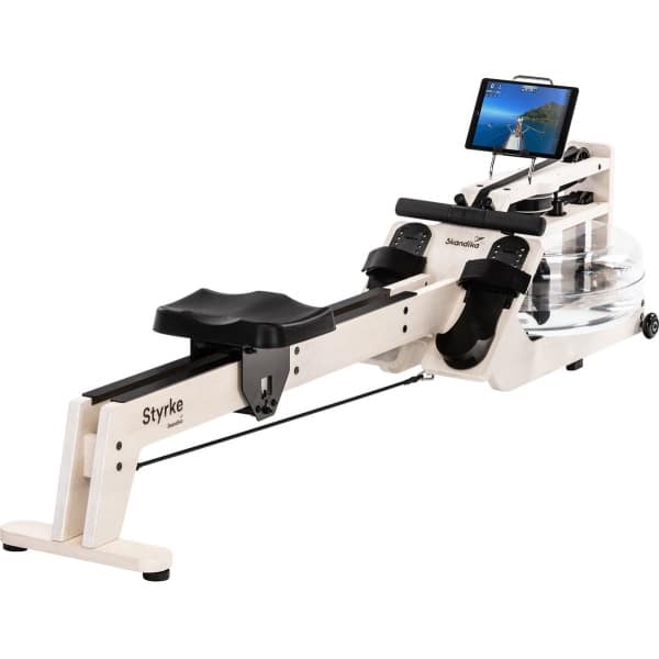 Skandika Styrke Premium Roeitrainer - Roeitrainers - Roeiapparaat Fitness - Echt essenhouten waterroeier & regelbare waterweerstand, waterroeiapparaat voor thuis, gebruiker 200 cm/180 kg - 211x54x68 cm (LxBxH) - Made in Germany - creme wit/zwart