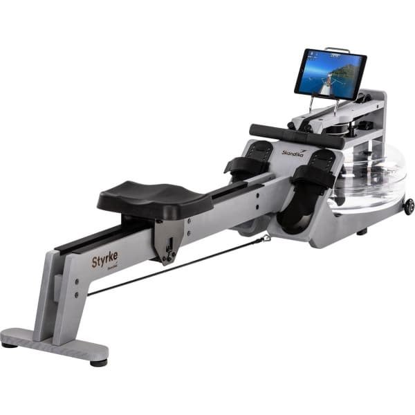 Skandika Styrke Premium Roeitrainer - Roeitrainers - Roeiapparaat Fitness - Echt essenhouten waterroeier & regelbare waterweerstand, waterroeiapparaat voor thuis, gebruiker tot 200 cm/180 kg - 211 x 54 x 68 cm (LxBxH) - Made in Germany - zilver/zwart
