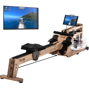 Skandika Styrke Roeitrainer - Roeitrainers - Roeiapparaat Fitness - Echt essenhouten waterroeier & regelbare waterweerstand, waterroeiapparaat voor thuis, gebruiker tot 200 cm/180 kg - 211 x 54 x 47 cm (LxBxH) - Made in Germany - caramel bruin/zwart