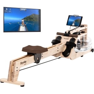 Skandika Styrke Roeitrainer - Roeitrainers - Roeiapparaat Fitness - Echt essenhouten waterroeier & regelbare waterweerstand, waterroeiapparaat voor thuis, gebruiker tot 200 cm/180 kg - 211 x 54 x 47 cm (LxBxH) - Made in Germany - arcticwit hout/bruin