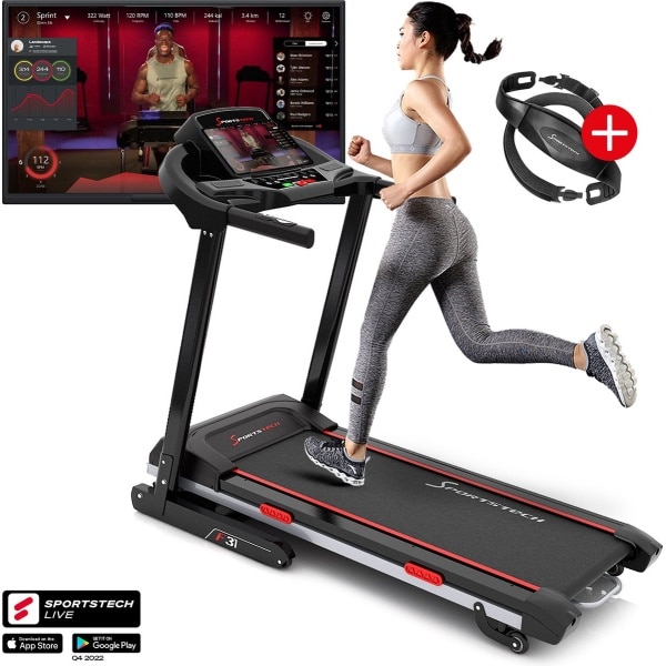 Sportstech Germany - F31 professionele loopband, innovatieve zelfsmerende functie, app-besturing voor Smartphone MP3 AUX Bluetooth 4pk 16km/u, opvouwbaar en compact opbergbaar