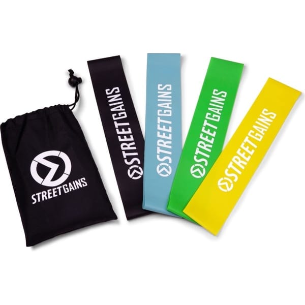 StreetGains® Mini Bands Set - 4 Rubberen Booty Bands (Light, Medium, Strong, Extreme) - Duurzaam Latex Rubber voor Krachttraining, Warming-up en Revalidatie - Inclusief Opbergtasje