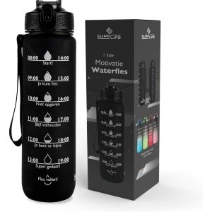 Supplife Nederlandse Motivatie Waterfles - 1 Liter - Nederlandse Tekst - Drinkfles - Waterfles met Tijdmarkeringen - Waterfles met rietje - Volwassenen & Kinderen - Fitness & Crossfit - Inclusief Schoonnmaakborsteltje - Black