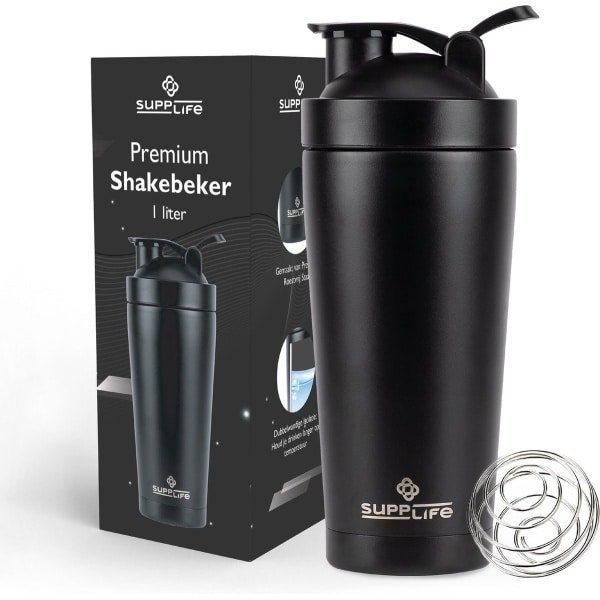 Supplife Premium Shakebeker RVS - Shaker - Proteïne & Eiwit Shaker - Shake Beker - BPA Vrij - 700ml - CrossFit, Powerlifting & Fitness - Mat Zwart
