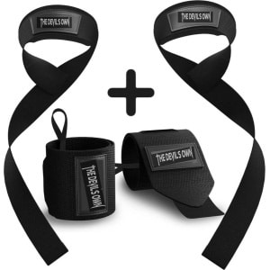 The Devil's Own | Combi pak 2 Stuk Polsband en 2 stuks Lifting Strapss, CrossFit, Krachttraining - Versteviging & Versterking Polsen - Polsbandage Wrist Wraps - Hand support kleur Zwart