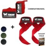 Thor Athletics Lifting Straps + Wrist Wraps 60cm (Extra Sterk) - Combinatie Bundel - Krachttraining Accessoires - Powerlifting Straps - Polsbrace - Rood - Inclusief E-Book