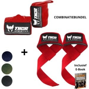 Thor Athletics Lifting Straps + Wrist Wraps 60cm (Extra Sterk) - Combinatie Bundel - Krachttraining Accessoires - Powerlifting Straps - Polsbrace - Rood - Inclusief E-Book