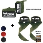 Thor Athletics Lifting Straps + Wrist Wraps 60cm (Flexibel) - Combinatie Bundel - Krachttraining Accessoires - Powerlifting Straps - Polsbrace - Army Green - Inclusief E-Book