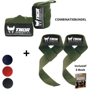 Thor Athletics Lifting Straps + Wrist Wraps 60cm (Flexibel) - Combinatie Bundel - Krachttraining Accessoires - Powerlifting Straps - Polsbrace - Army Green - Inclusief E-Book