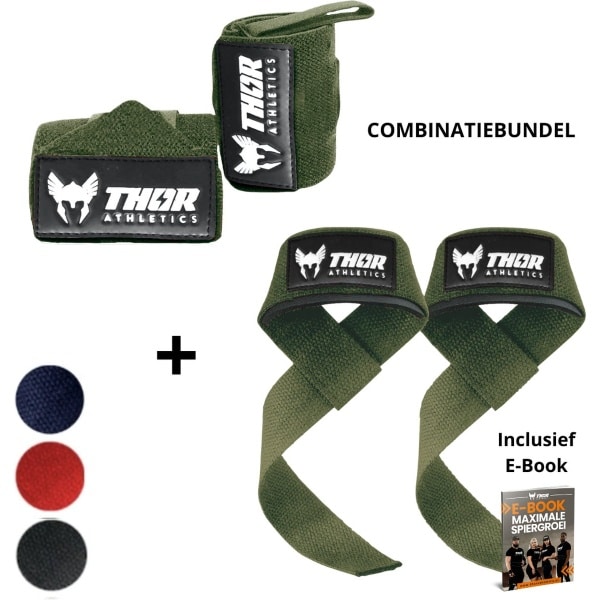 Thor Athletics Lifting Straps + Wrist Wraps 60cm (Flexibel) - Combinatie Bundel - Krachttraining Accessoires - Powerlifting Straps - Polsbrace - Army Green - Inclusief E-Book