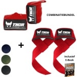 Thor Athletics Lifting Straps + Wrist Wraps 60cm (Flexibel) - Combinatie Bundel - Krachttraining Accessoires - Powerlifting Straps - Polsbrace - Rood - Inclusief E-Book