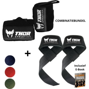 Thor Athletics Lifting Straps + Wrist Wraps 60cm (Flexibel) - Combinatie Bundel - Krachttraining Accessoires - Powerlifting Straps - Polsbrace - Zwart - Inclusief E-Book