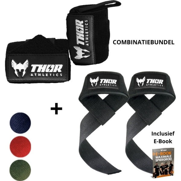 Thor Athletics Lifting Straps + Wrist Wraps 60cm (Flexibel) - Combinatie Bundel - Krachttraining Accessoires - Powerlifting Straps - Polsbrace - Zwart - Inclusief E-Book