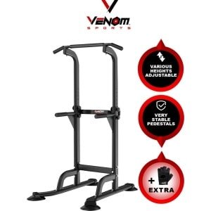 Venom Sports Krachtstation - Multifunctioneel trainingsrek - Power tower met Pull up bar - Fitness apparaat krachttraining - Anti-slip handvaten - Super stabiel - In hoogte verstelbaar - B75xL82xH165-210 cm - Zwart