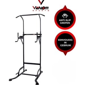 Venom Sports Krachtstation - Multifunctioneel trainingsrek - Power tower met Pull up bar - Fitness apparaat krachttraining - Anti-slip handvaten - Super stabiel - In hoogte verstelbaar - Zwart - 105x86x223cm