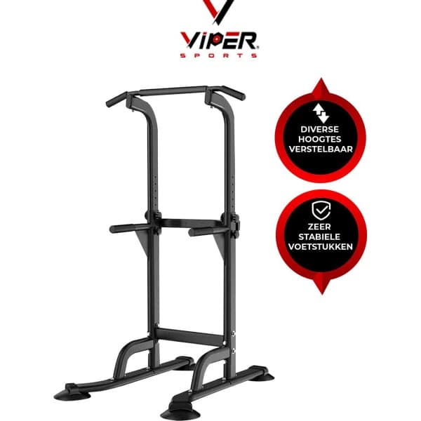 Viper Sports Krachtstation - Multifunctioneel trainingsrek - Power tower met Pull up bar - Fitness apparaat voor thuis - Krachttraining - Anti-slip handvaten - Sport Apparatuur - In hoogte verstelbaar - B75xL82xH165-210 cm - Zwart