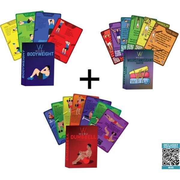 WEBU 51 Bodyweight Kaarten + 51 Weerstandsband Workout Kaarten + 55 Dumbbell Trainingskaarten | Incl. Gratis Trainingsvideo's - Fitness - Crossfit - Krachttraining - Thuis Sporten - Weerstandsband - Trainingskaarten